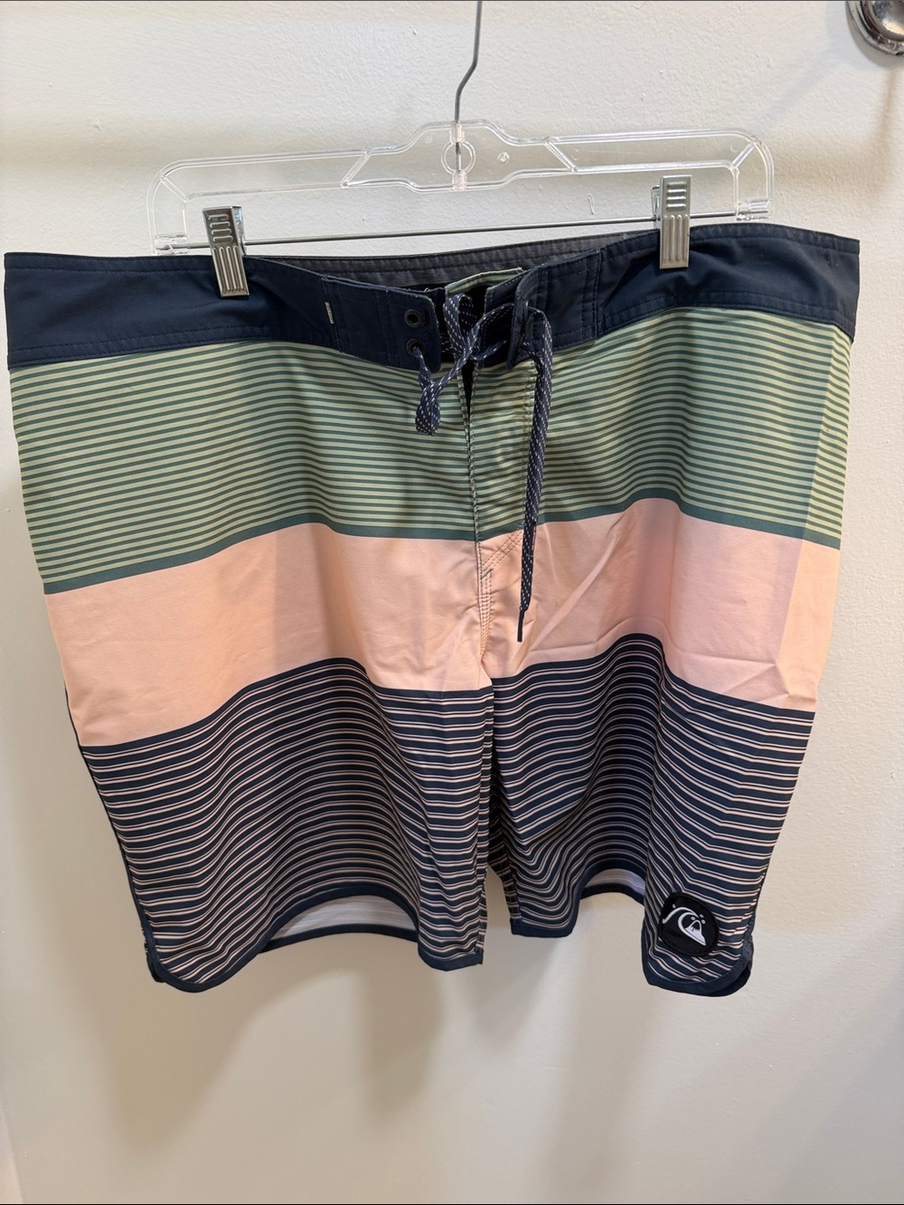 Quiksilver Men's Navy, Green & Pink Striped Boardshorts size 38